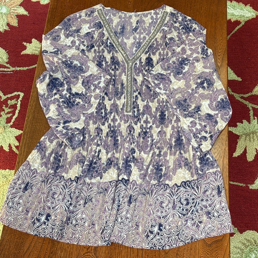 Catherine’s Crinkle Stretch Purple/Tan Patterned Women's Top 3X?